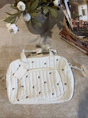 Zara Cream Quilted Kids diaper Shoulder Bag with Brown Floral Embroidery